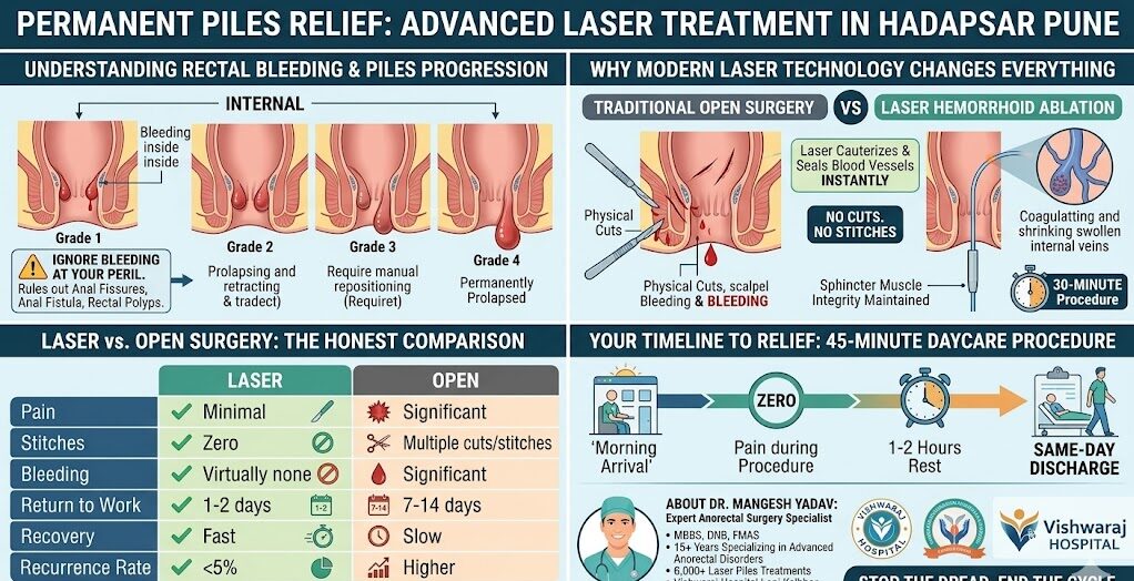 Infographic comparing painless laser piles treatment with traditional open surgery and showing the 45-minute same-day discharge timeline in Pune