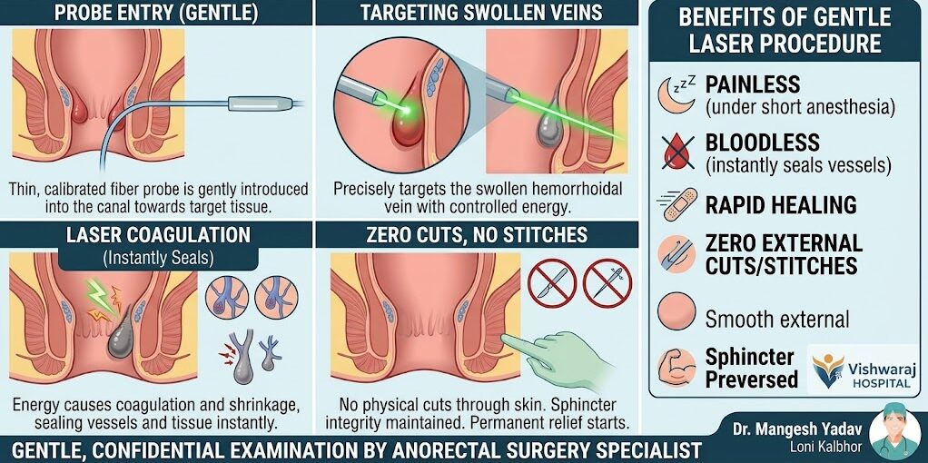 Step-by-step medical illustration showing how advanced laser piles treatment safely shrinks swollen veins without cuts or stitches