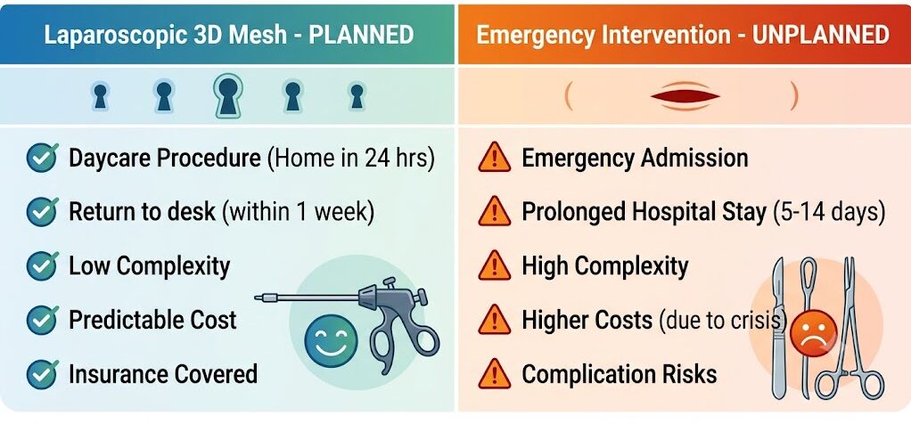 A comparison infographic highlighting the benefits of laparoscopic hernia repair using a 3D mesh