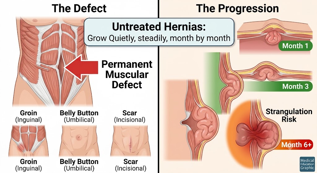 An infographic illustrating hernia types and progression