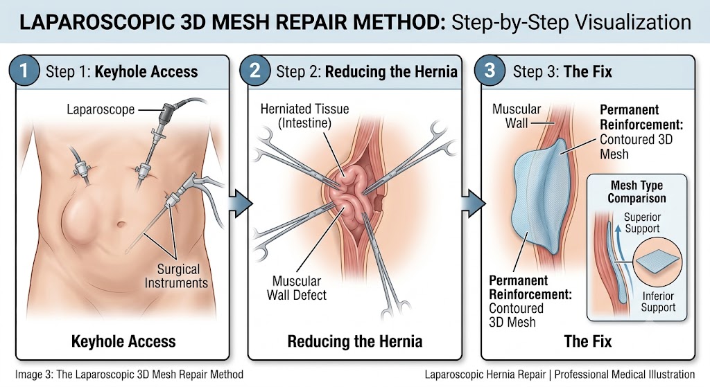 An infographic illustrating the steps of laparoscopic hernia repair