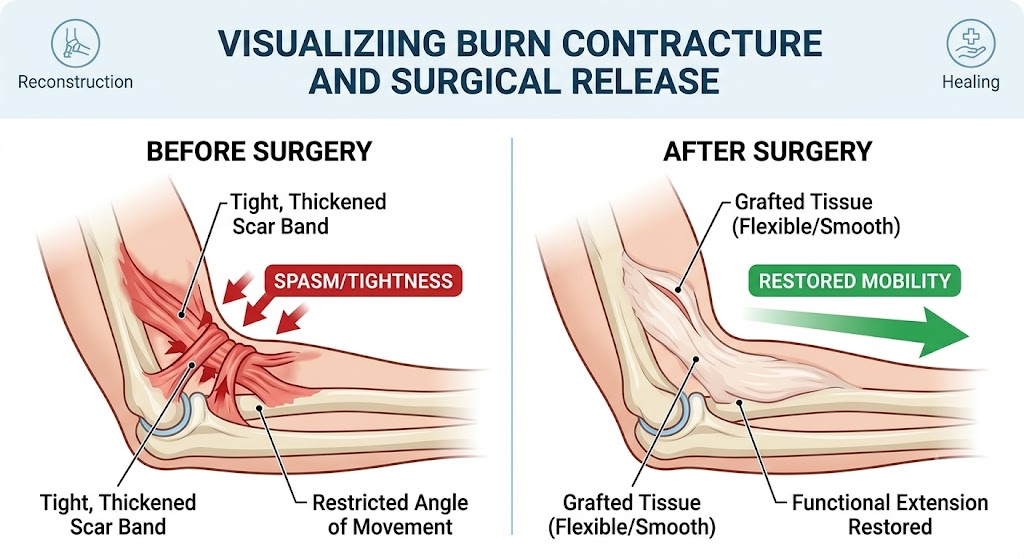 Infographic diagram comparing a contracted joint restricted by tight burn scar tissue versus the same joint after surgical release