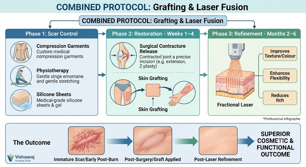 Process chart demonstrating the combined reconstructive burn protocol integrating initial scar control with compression
