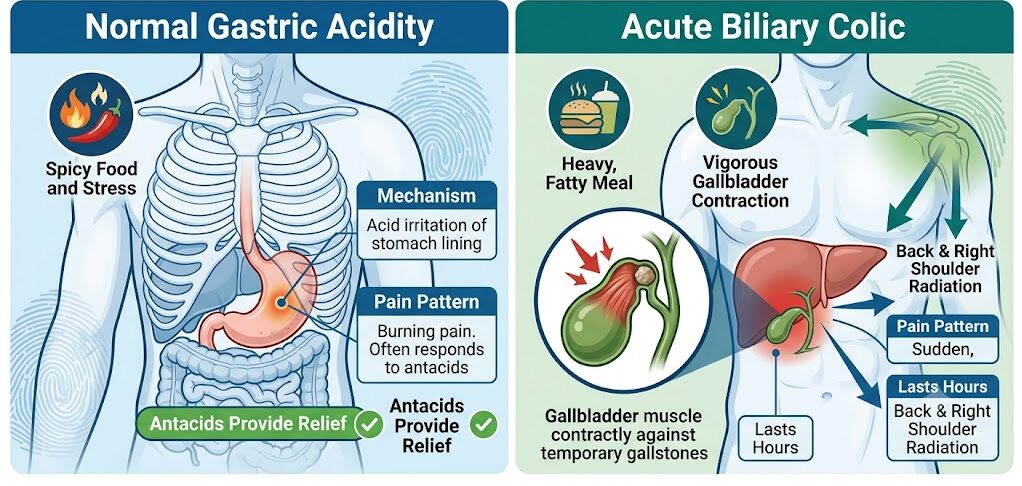 Split-panel infographic diagram comparing normal gastric acidity